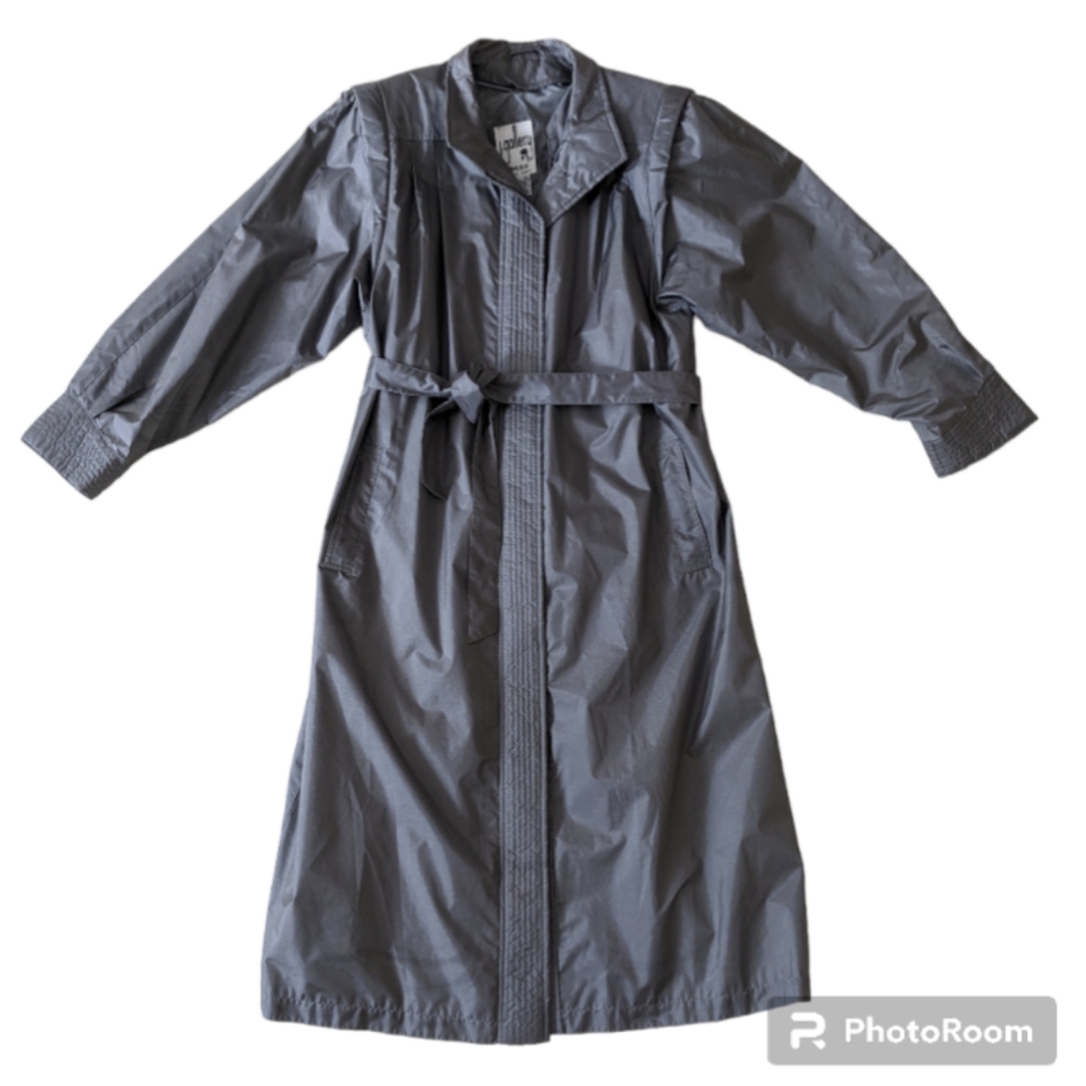 Vintage Trench coat long jacket J.Gallery bold shoulder pads pleats 80s gray c…
